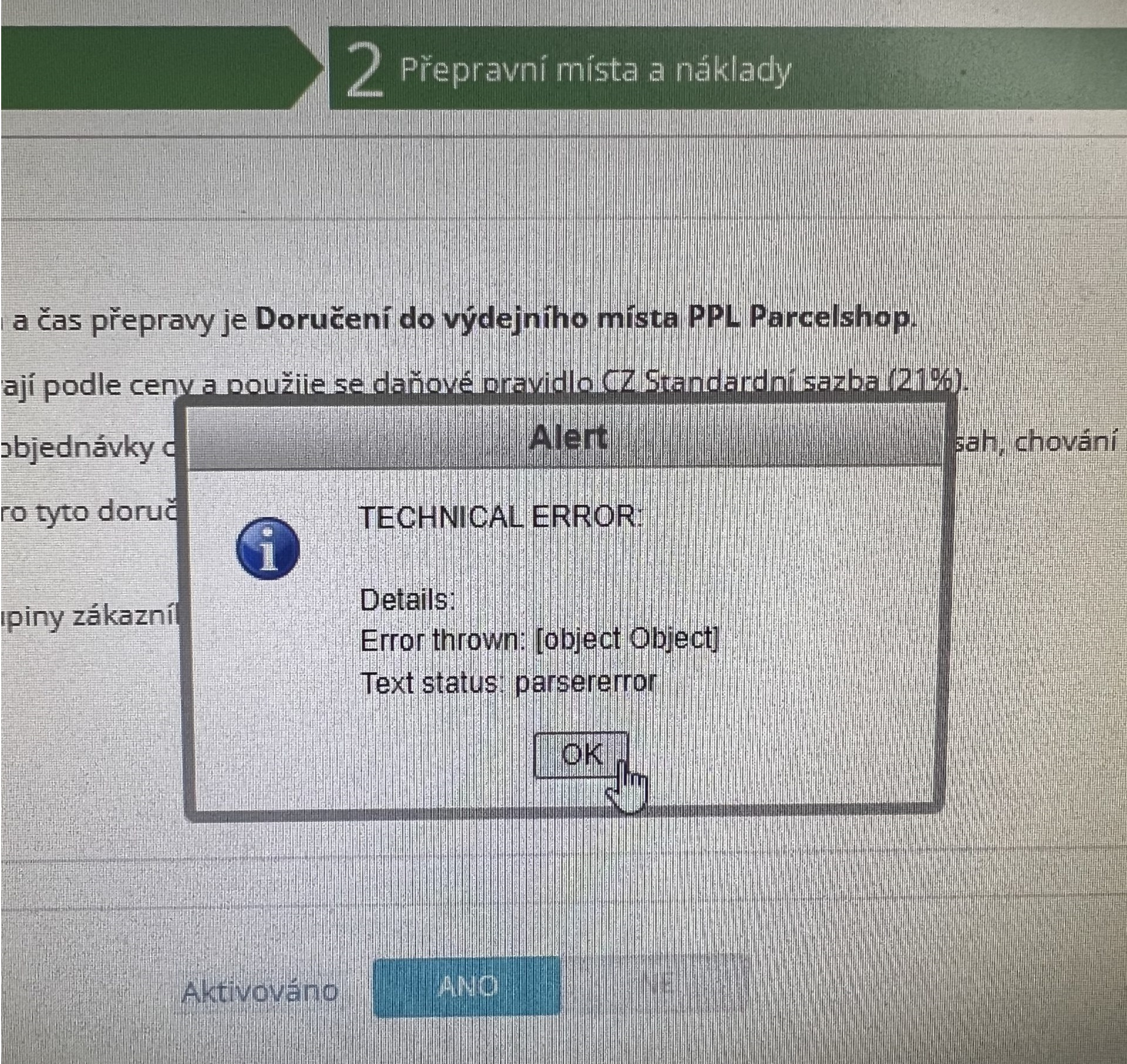 technicka chyba prestashop dopravci